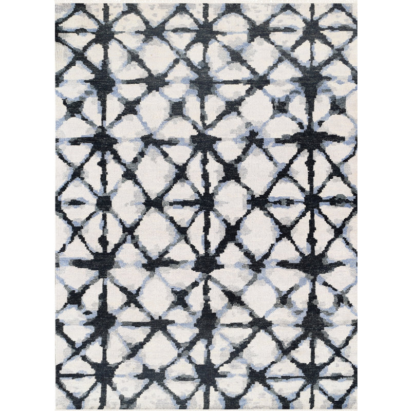 Tapis ivoire et bleu foncé noué à la main de haute qualité, Rectangle de 5 pi x 8 pi