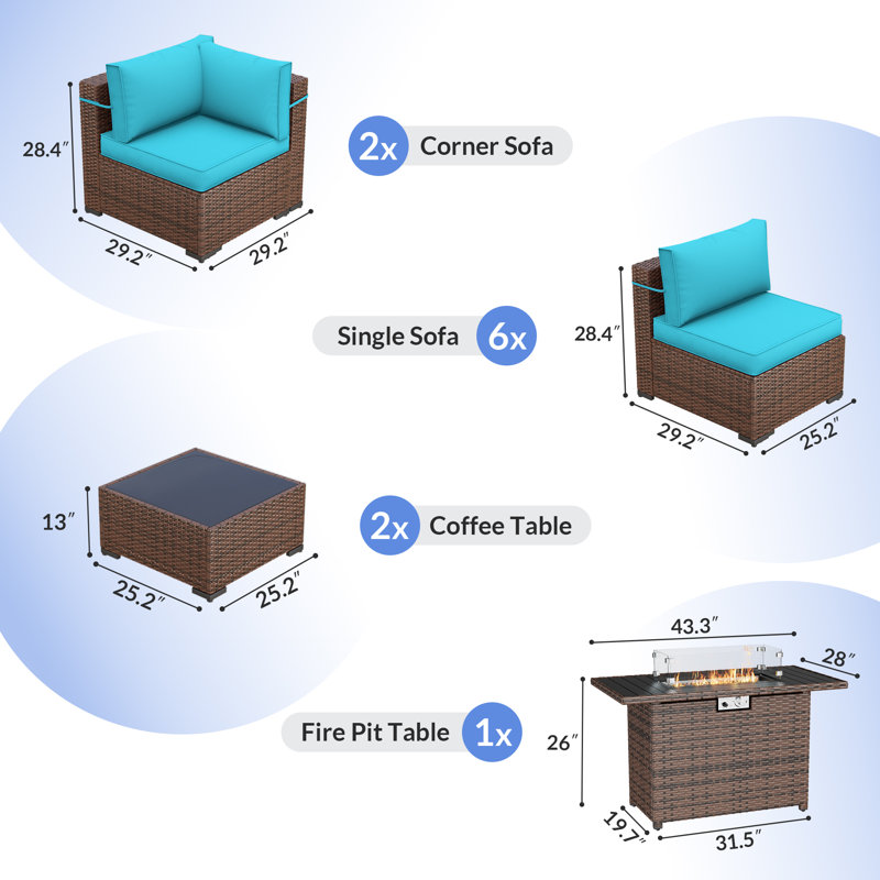 Mecayla 8-Person Rattan Set with Fire Pit Table, 2 Coffee Tables, Blue