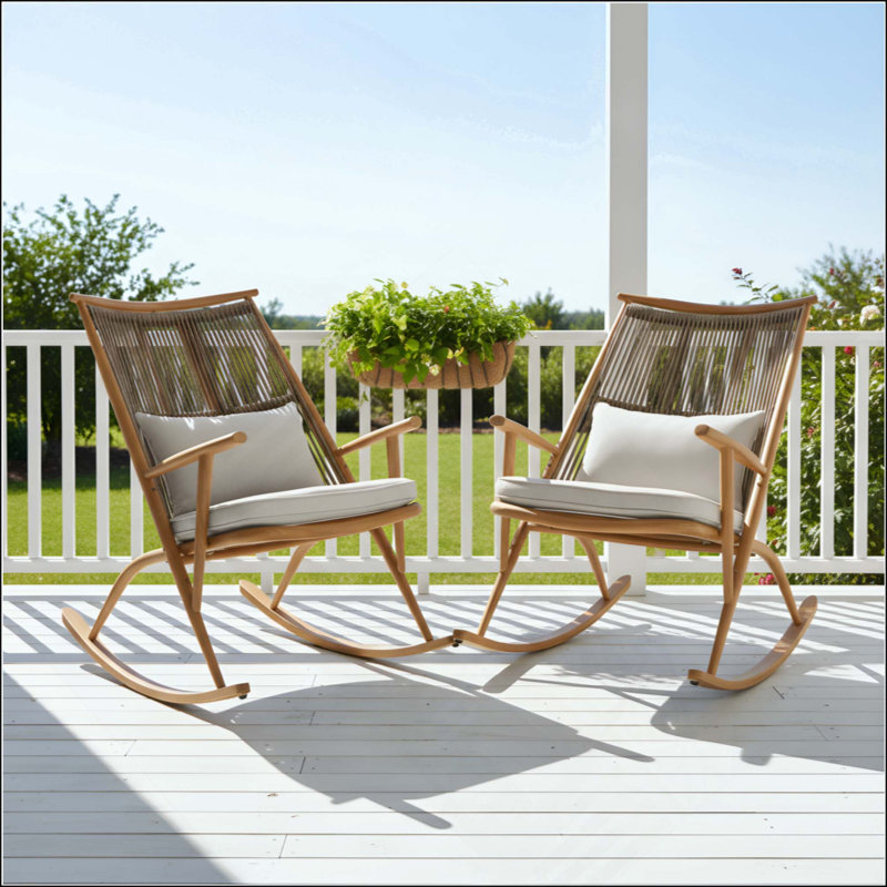 Ensemble de 2 chaises berçantes en fer assorties avec finition érable et rotin PE, 2