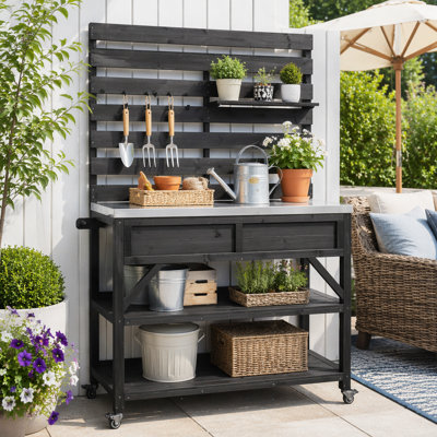 Solid Wood Outdoor Potting Bench with Lockable Wheels and Stainless Top