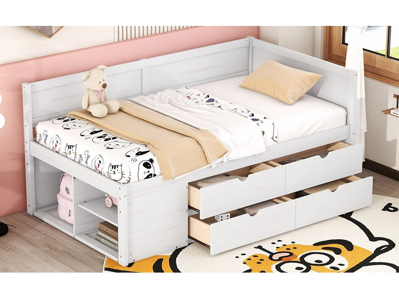 Lit de jour simple avec tiroirs et tablettes, Lit simple, Blanc
