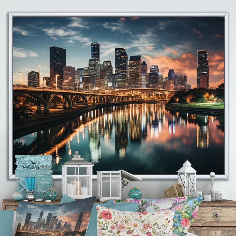 Horizons de Houston II - art mural Houston, H 16 po x l 32 po x P 1 po, Cadre flottant blanc