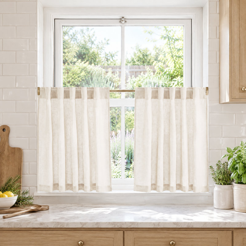 Natural Linen Back Tab Curtains for Kitchen Over Sink, Rod Pocket Short Drapes Light Filtering Sheer Farmhouse Window Valances Covering for Bedroom, 2 Panels.
