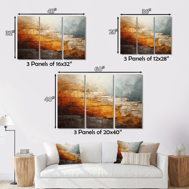 «Grey and Orange Geologique Wonders», 3 pièces sur toile tendue, H 32 po x l 48 po