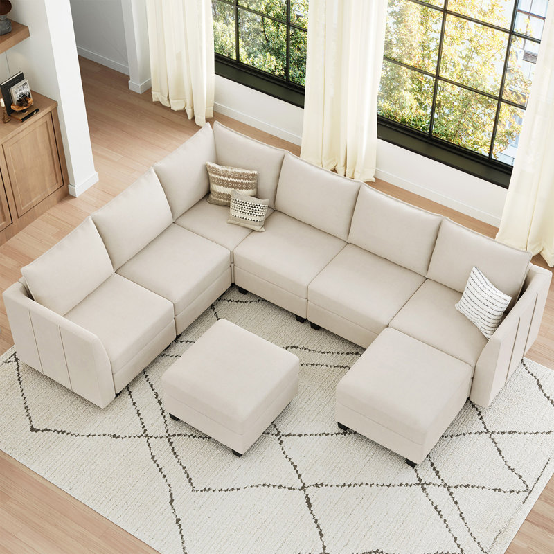 Canapé modulaire en L en bois massif avec rangement en U de 9 pièces Allinson, Velours beige