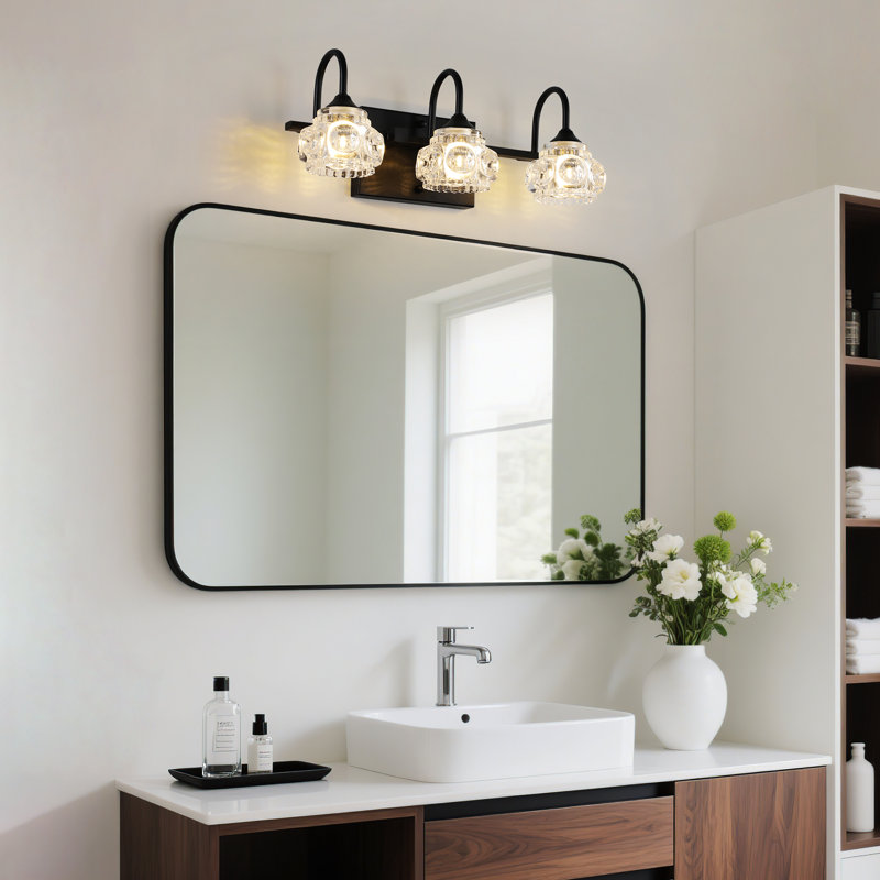  Luminaire de salle de bain 3 lumières noir avec abat-jour en cristal pour salle de bain, salle d'eau et miroir de meuble-lavabo