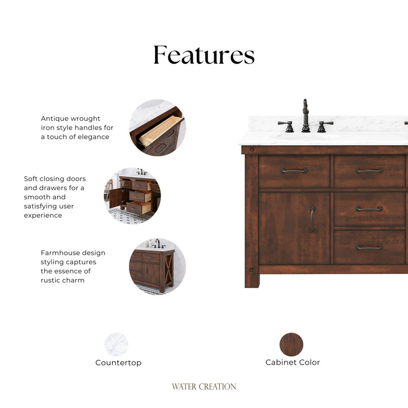 Aberdeen 60'' W Double Vanity, Carrara White, Rustic Sienna