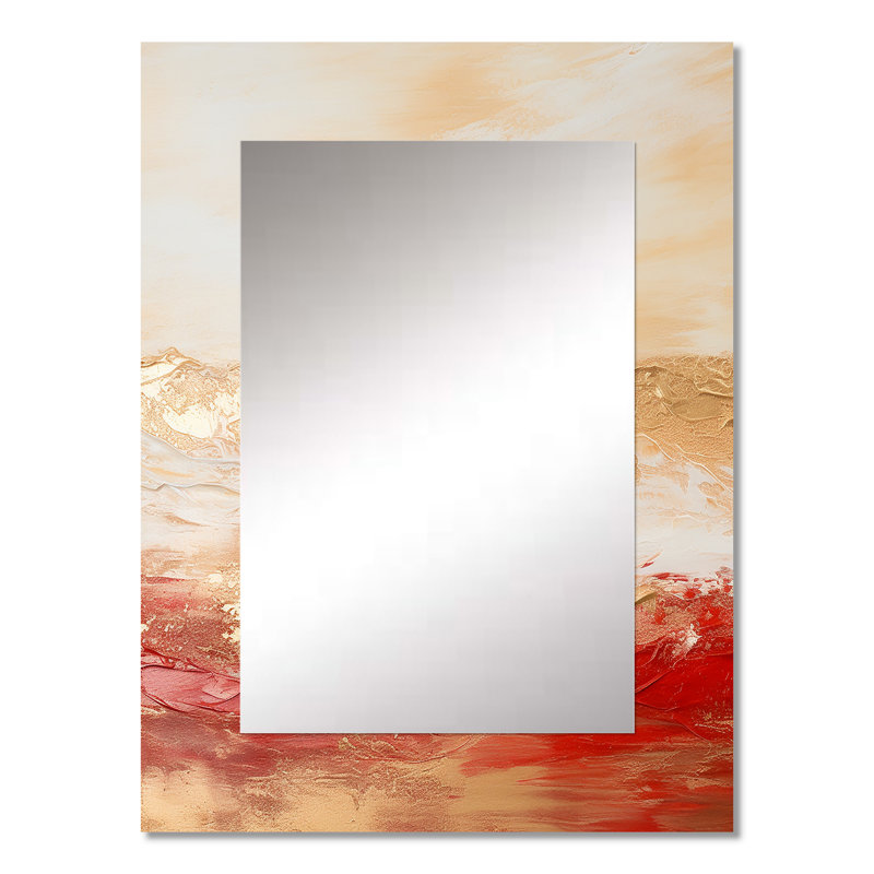 Gold And Red Soft Wave Fusion I - Abstract Shapes Decorative Mirror, Modern Wall Mirror, Printed Metal Art, 32" x 24"
