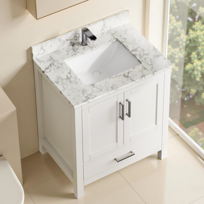 Meuble-lavabo simple autoportant 30 po avec comptoir en granit blanc et lavabo en céramique