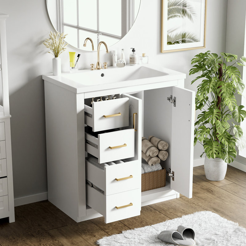 Bathroom Vanity with Ceramic Sink, 3 Drawers and Soft Closing Doors, White