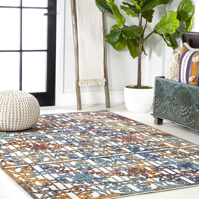 Wolfhard Ornate Trellis Cream/Blue/Orange Indoor/Outdoor Rug, Rectangle 7'8" x 10'