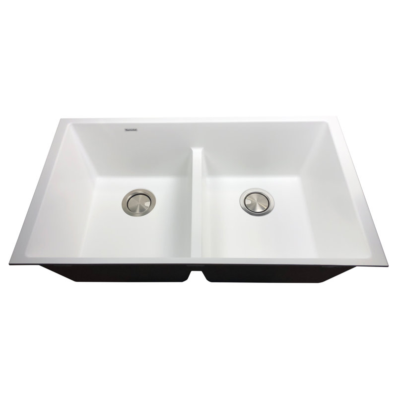 Low Divide 50/50 Double Bowl Undermount Granite Composite Undermount Sink, White