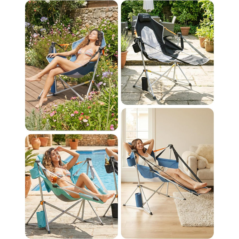 Hammock Chair With Footrest – Heavy Duty Swinging Rocking Camping Chairs For Adults Up To 400Lbs, Folding Portable Oversized Rocker With Cup Holder & Pillow For Outdoor Beach Lawn RV Sports