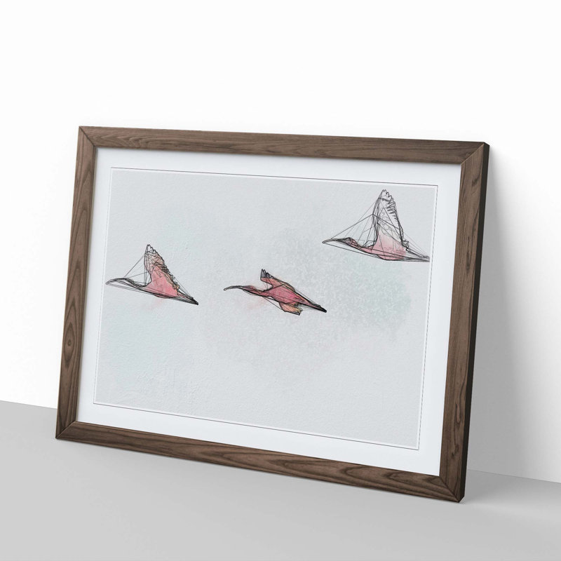 Three Pink Flamingos in Abstract - Picture Frame Graphic Art Print, 35cm H x 50cm W x 2cm D, Walnut