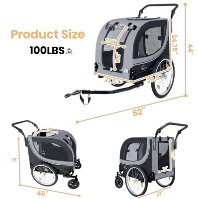 2-in-1 Bike Trailer & Pet Stroller for Dogs up to 100lbs – Foldable with 8'' Front Caster & 20'' Air-Filled Wheels, Mesh and Rain Cover