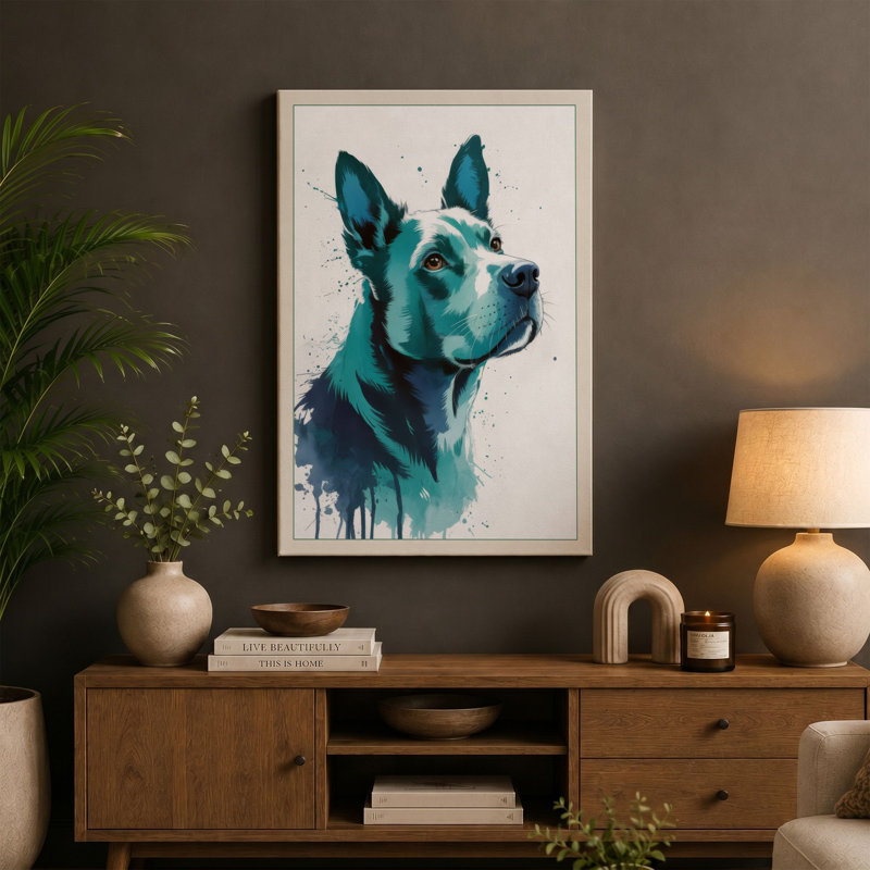 Attentive Dog in Teal Modern 1 Piece Wrapped Canvas Wall Art, 36x24 - 91.4 x 61.0 cm, Taupe Border