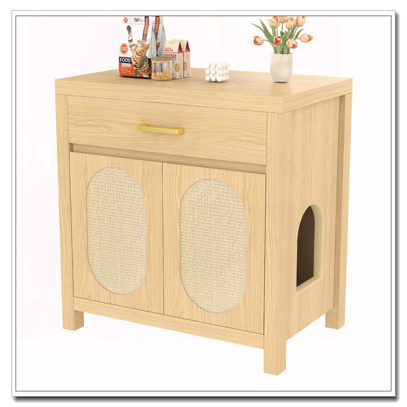 Meuble pour litière caché avec portes grattoirs et tiroir de rangement, Naturel