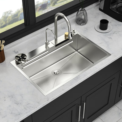33*22 Inch 16 Gauge Stainless Steel Kitchen Sink With Pull-Out Faucet And Cup Washer, T304 Construction For Superior Durability, Unique Waterfall Design 3 Flow Modes, X-Shaped Water Guide Easy