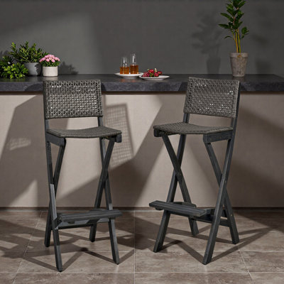 41.75" Outdoor Folding Acacia Wood Barstools with PE Rattan Backrest and Seat(Set of 2)