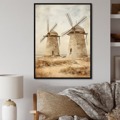 «Vintage Windmill View sépia I - Wind Turbines», art mural