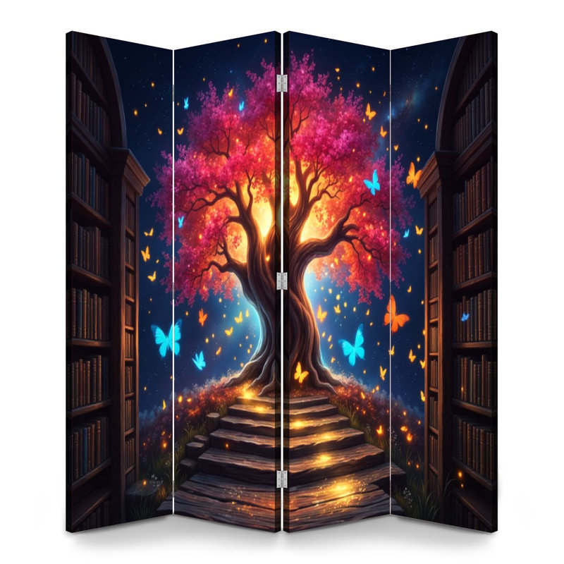 4 panneaux de paravent pliant paravent arbre royal rougeoyant rose feuilles de rat de bibliothèque bibliothèque magique toile séparateur de pièce autoportante cloison de protection