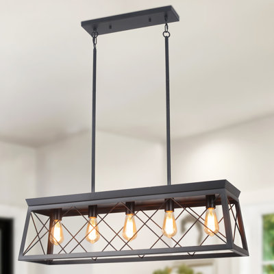 Lustre linéaire industriel en métal à 5 lumières l 38 po Ayling avec abat-jour rectangulaire pour îlot de cuisine