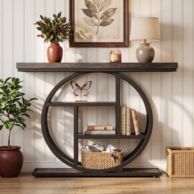 41.3" L x 11.8" W Narrow Console Table with Circle Base, Industrial 4-Tier Entryway Table for Living Room, Hallway, Foyer