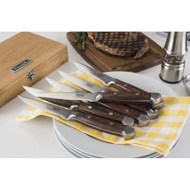 Viking Steakhouse Pakka Wood 6-Piece Steak Knife Set with Wooden Box, Red