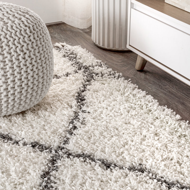 Cantera Shag Plush Tassel Moroccan Geometric Trellis Ivory/Gray Rug, Runner 2'3" x 8'