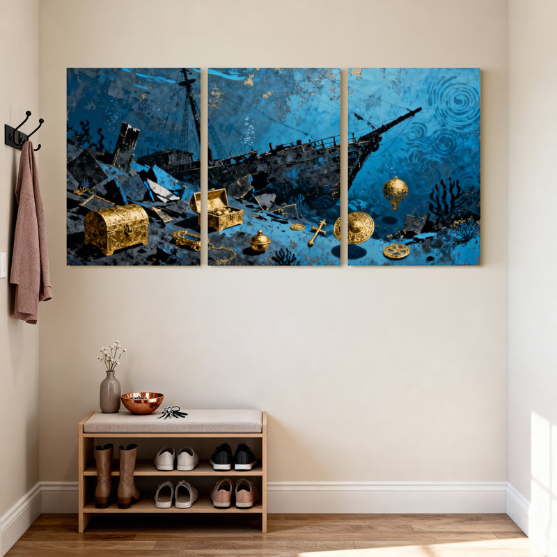Sous-marin naufragé, coffre au trésor, pièces d'or, ensemble de 3 impressions sur toile, H 24 po x l 48 po