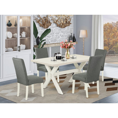 5 Piece Dining Room Furniture Set Includes a Rectangle Dining Table with X-Legs and 4 Gray Linen Fabric Parsons Chairs, Multi-Color