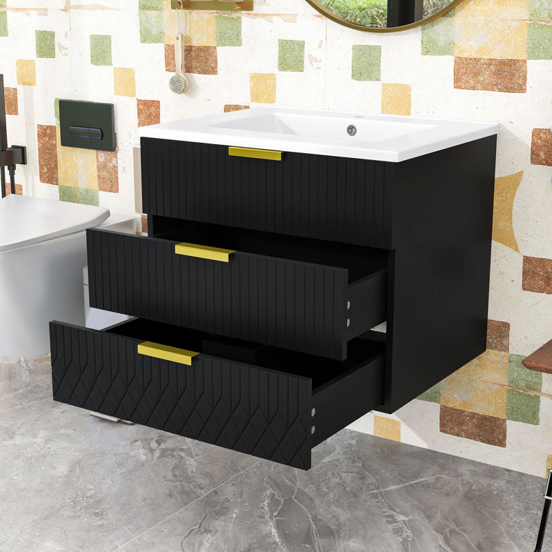 Meuble-lavabo mural avec lavabo en céramique durable, rangement spacieux et poignées élégantes en forme de L, Noir