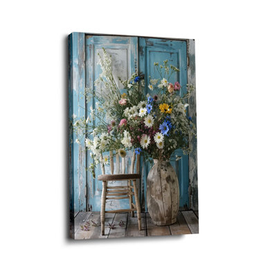 Rustic “Wildflower Bouquet with Distressed Door” Floral Canvas Wall Art Stretched Frame for Cozy Studio