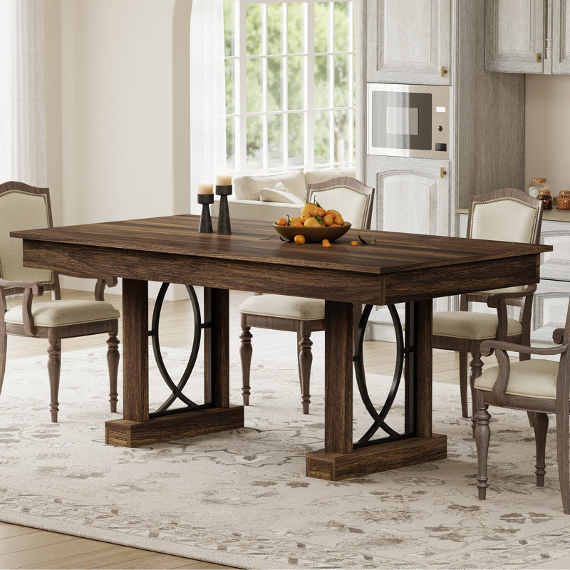 Spacious 71-Inch Dining Table for 6-8, Rectangular Wooden Table with Double Pedestal Base, 2 Storage Drawers, Brown