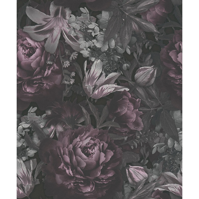 Blooming Wild Blooming Wild Antique Floral Motif 10m x 53cm Wallpaper Roll, Grey/Black/Pink