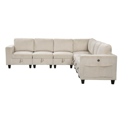 7-Piece Modular Sectional With Storage Seats, Side Pockets, Charging Ports Beige Corduroy Fabric Modern Living Room Sectional Couch Solid Wood Furniture