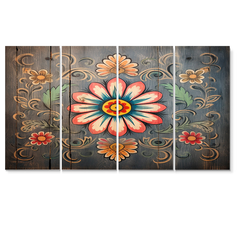 Décoration murale rétro fleur rose et bleu 4 pièces, H 28 po x l 48 po