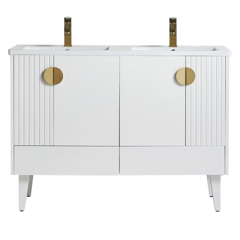 Ensemble de meuble-lavabo double 47 po Saimah, Blanc mat, Laiton satiné