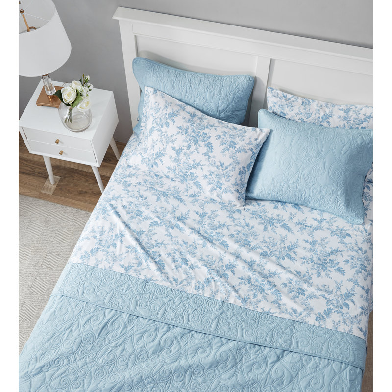 Vanessa Blue Floral Cotton Twin Flannel Sheet Set