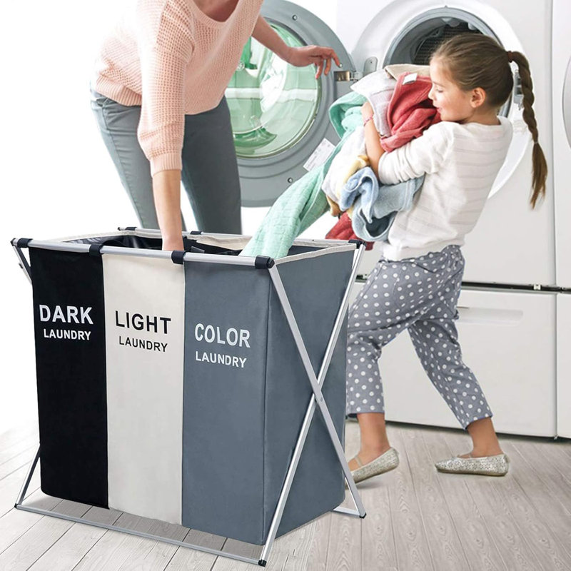 Foldable Laundry Cloth Hamper Sorter Basket with 3 Sections for Sorting