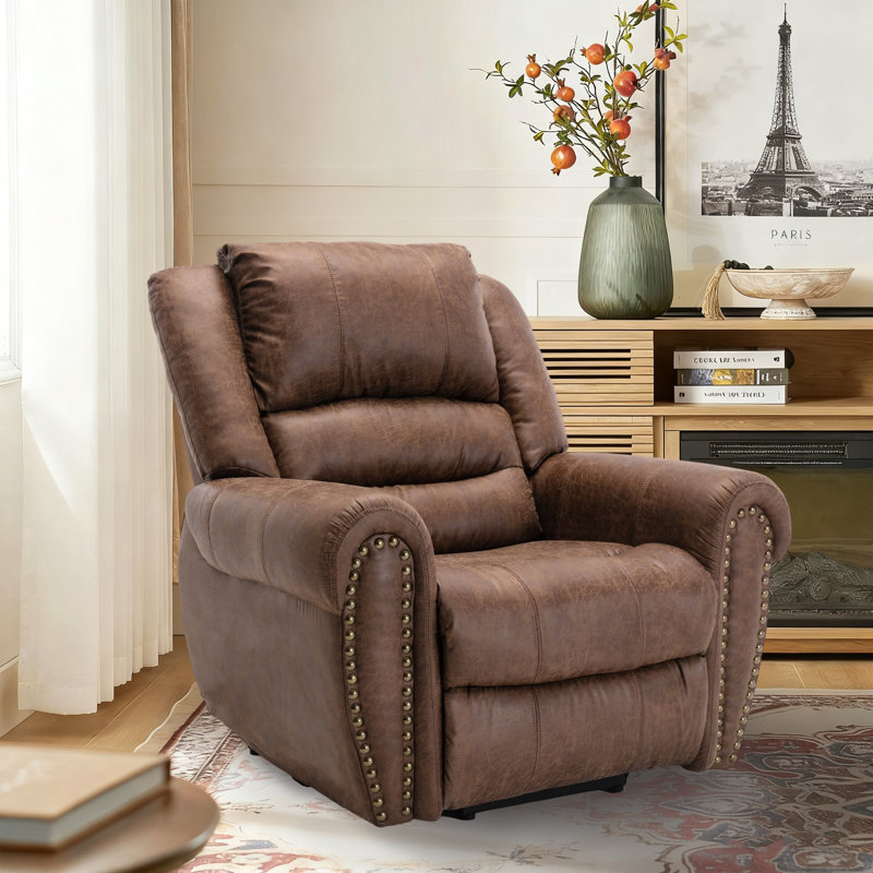 42'' Vintage Oversize Vegan Leather Rivet Power Reclining Chair with Remote Control, Matte Brown Faux Leather