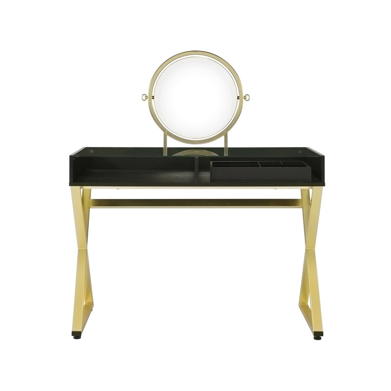 Bureau de coiffeuse en bois avec miroir, Noir, or