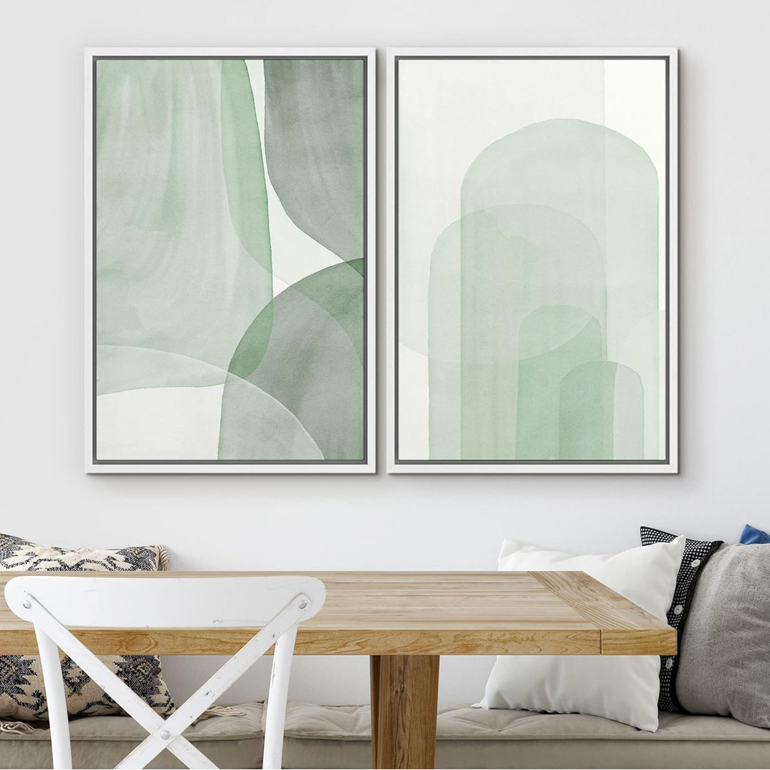 Pastel Watercolor Green Abstract Minimalist Decor - Framed Canvas Bedroom Wall Art Work Set 2 Print wall26 Frame 