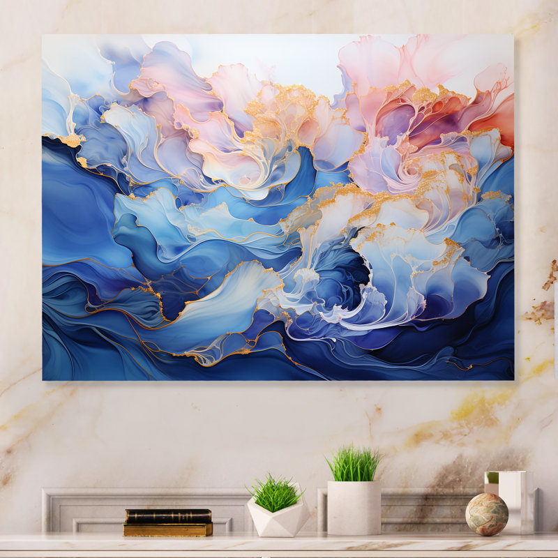 "Rêve d'encre rose et bleue" sur métal, H 24 po x l 32 po x P 1 po