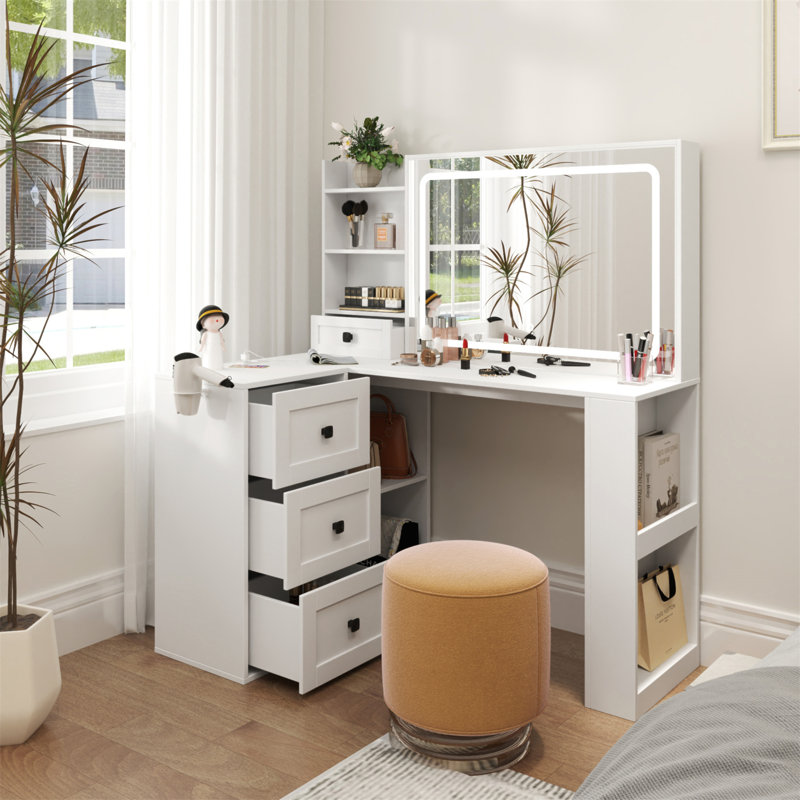 Bureau de coiffeuse avec lumières, coiffeuse de maquillage avec barre d'alimentation, ensemble de coiffeuse avec 3 grands tiroirs, miroir de coiffeuse 3 lumières de couleur réglables