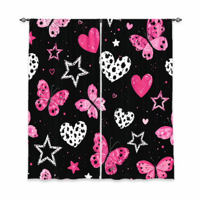 2Pcs Cute Butterfly Heart Star Print Curtains, Light Filtering Fabric, Decorative for Teen Rooms, Playrooms, Bedrooms, Vibrant and Playful Design, Window Treatment