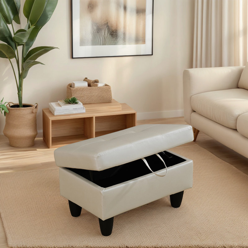 Enitan Faux Leather Ottoman, Pear White, Black
