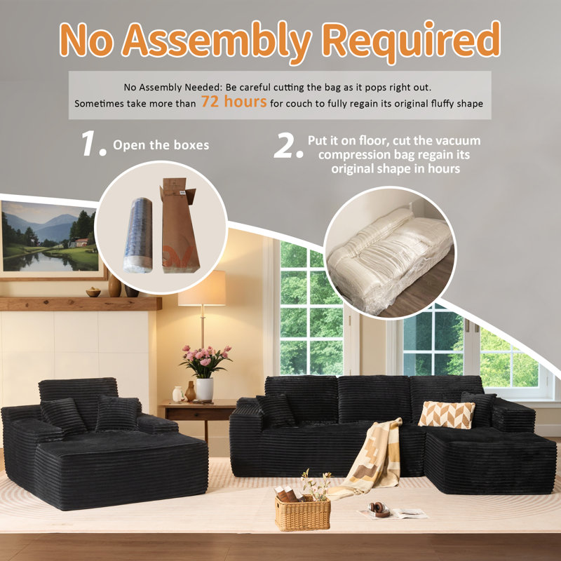 3-piece No-assembly Living Room Set, Plush Modern Sectional Sofa With Loveseat And Chaise Lounge, Right Hand Facing, Black