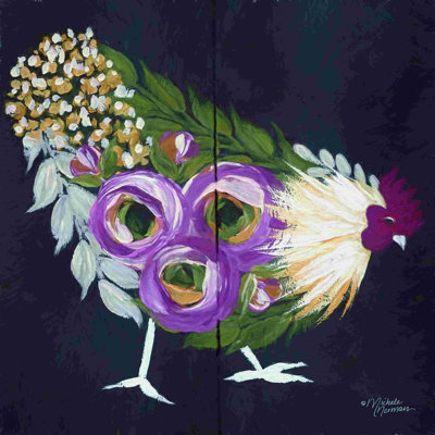 Floral Hen On Black - Wrapped Canvas Painting