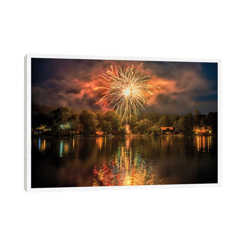 Lake Fireworks by David Gardiner - Print on Canvas, 45.72cm H x 66.04cm W x 3.81cm D, White Framed